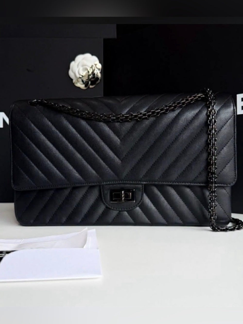Chanel Double Flap 226 Reissue 2.55 SO Black Chevron Quilted black leather